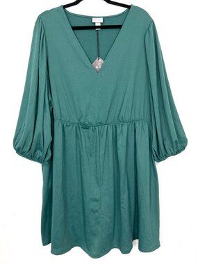 NWT Ava & Viv Dress Green Puff Sleeve Elastic Waist Textured Knit 2X